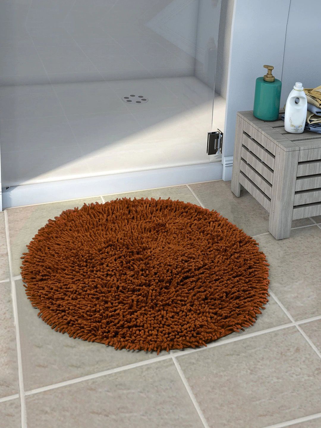Saral Home Brown Solid Cotton Anti-Skid Shaggy Round Bath Mat-picture-22