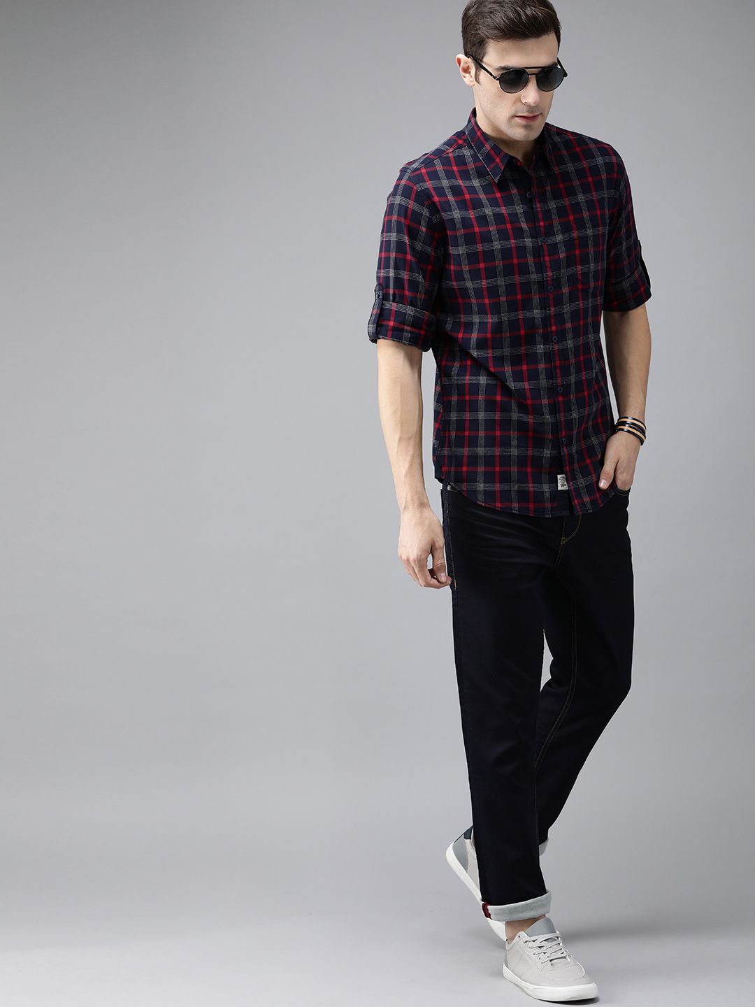 Buy Roadster Men Navy Blue & Red Regular Fit Checked Casual Shirt