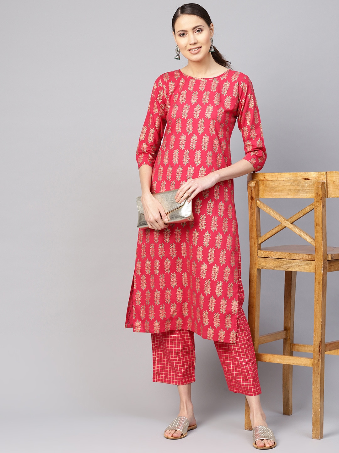 Nayo Women Red & Golden Printed Kurta with Trousers