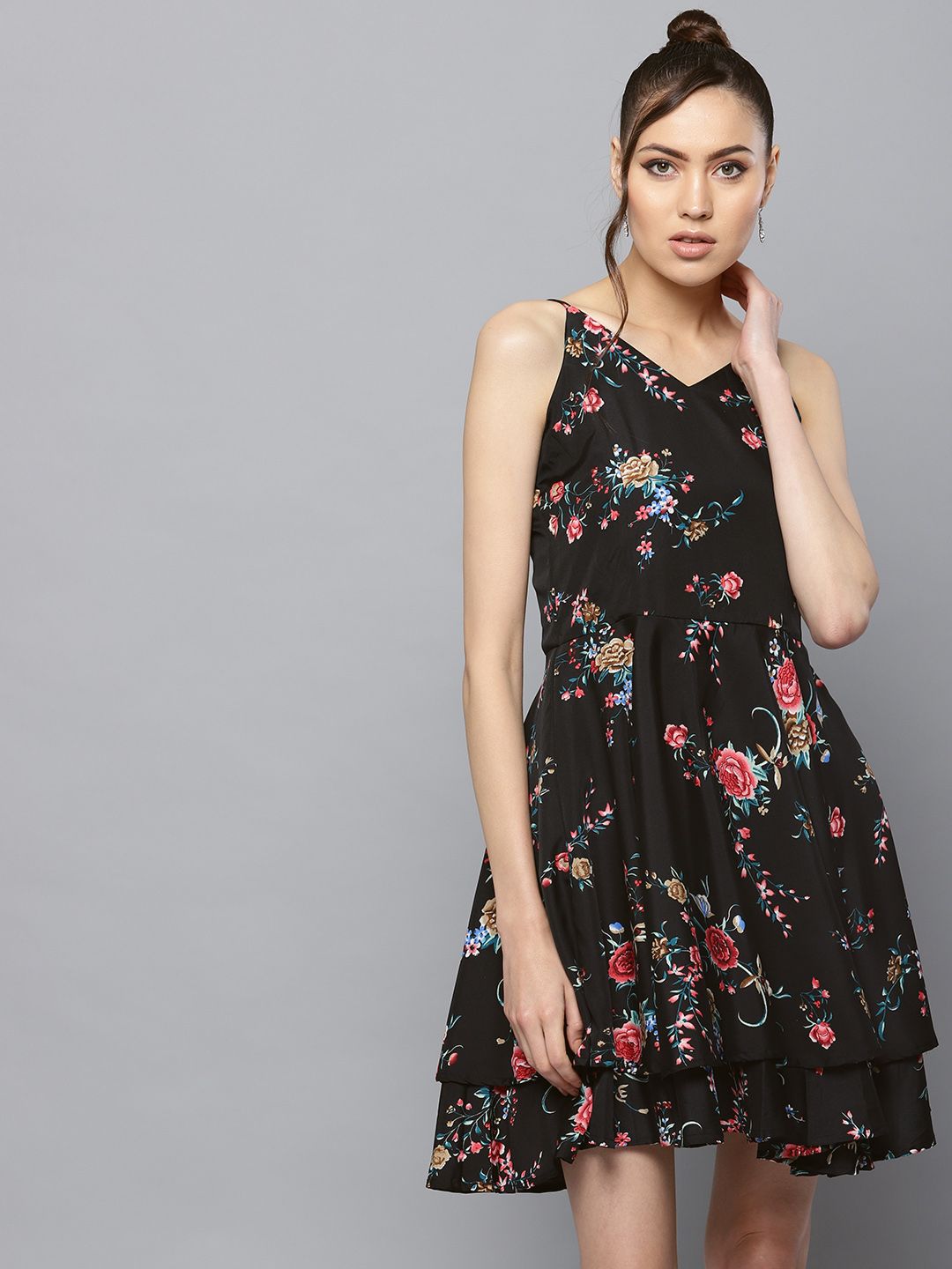 Trend Arrest Women Black & Red Floral Printed Layered Fit & Flare Dress