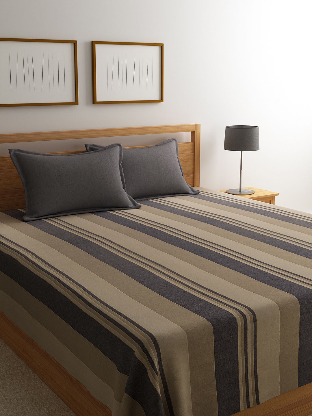 Saral Home Brown & Grey Striped 500 TC Bedsheet with 2 Pillow Covers