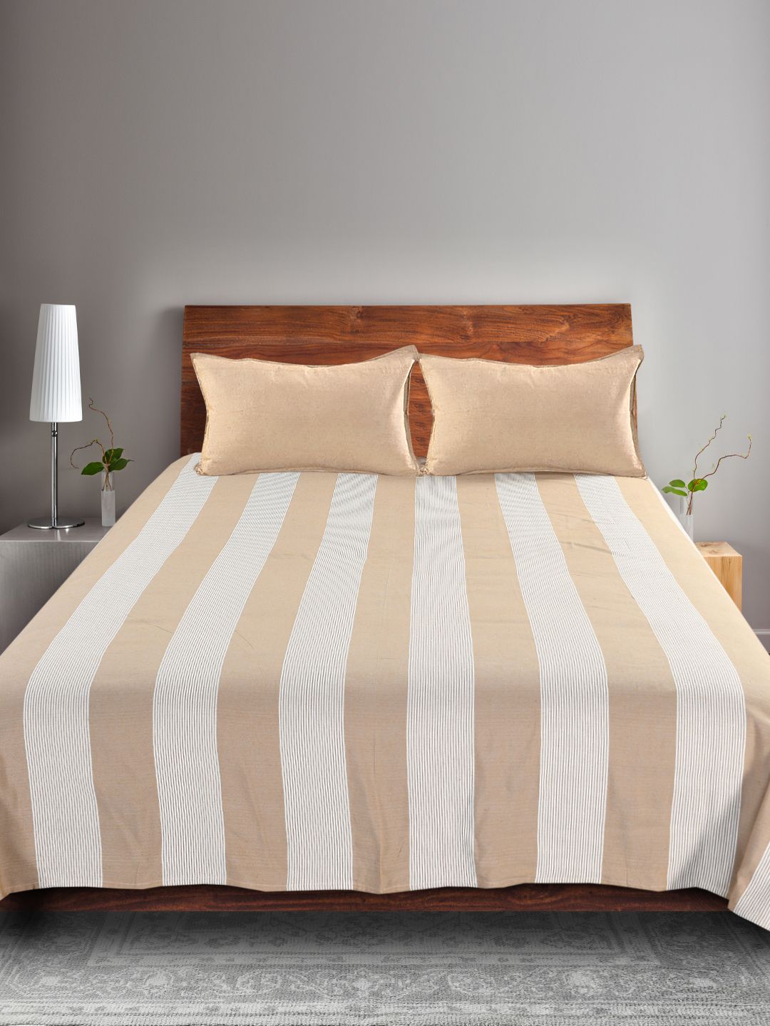 Saral Home Beige & Green Striped 500 TC Bedsheet with 2 Pillow Covers