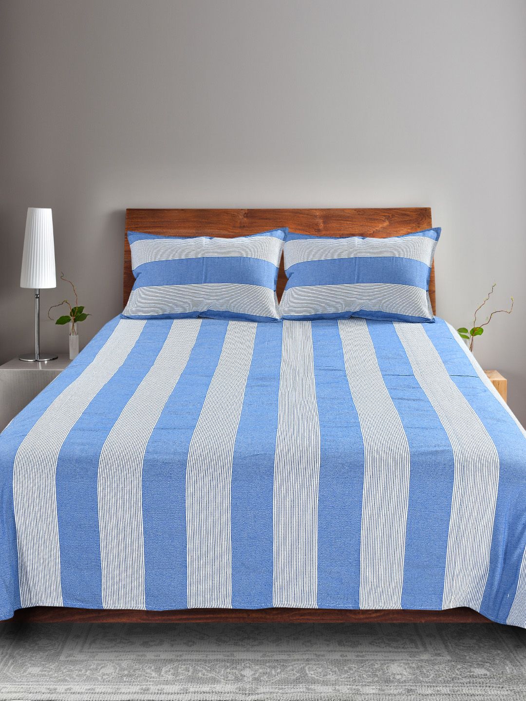 Saral Home Blue & White Striped 500 TC Bedsheet with 2 Pillow Covers-image-45