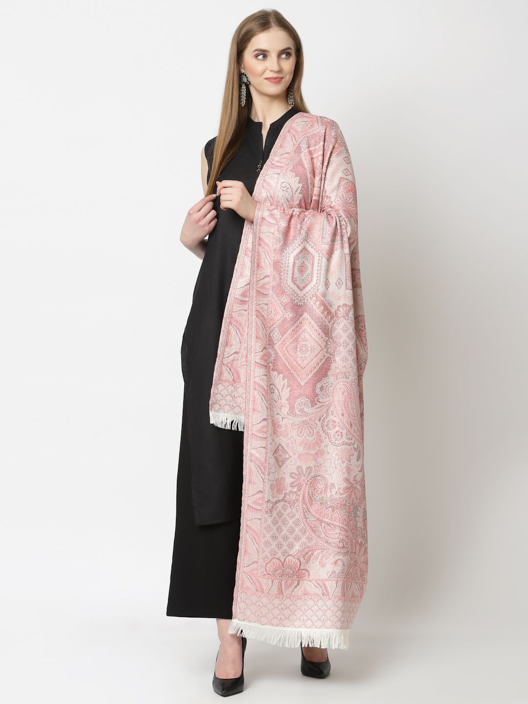 WEAVERS VILLA Women Pink & Off-White Woven Design Shawl-image-24