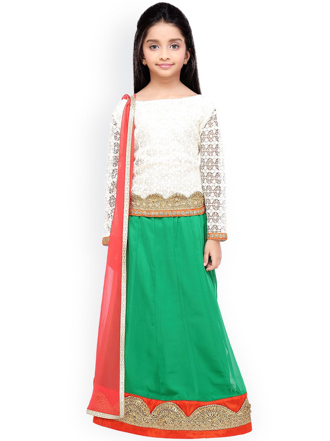 Kandu 5027 9 White Green Red Girls Green And White Lehenga