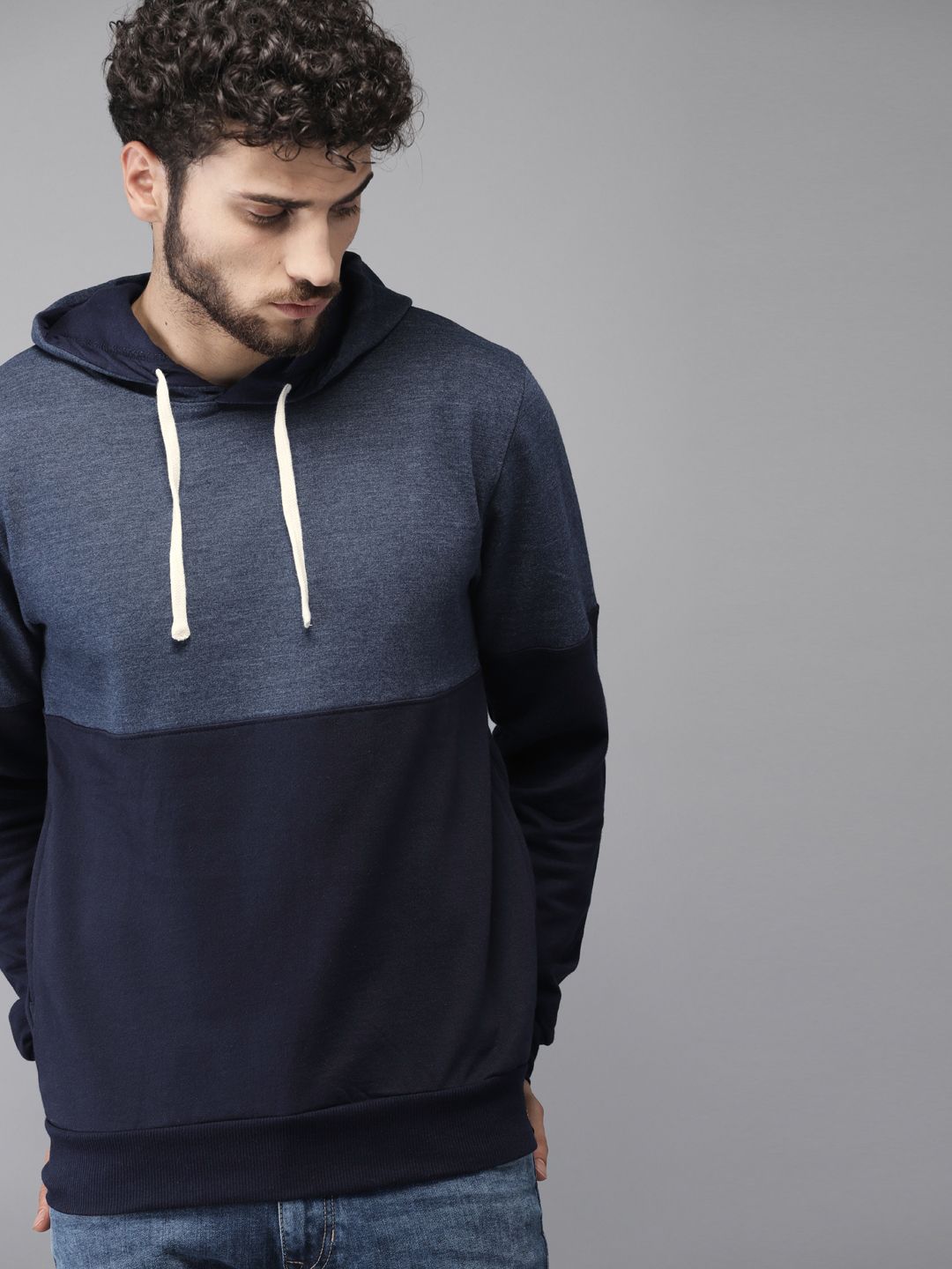 Campus Sutra Men Navy Blue Colourblocked Hooded Sweatshirt-picture-10