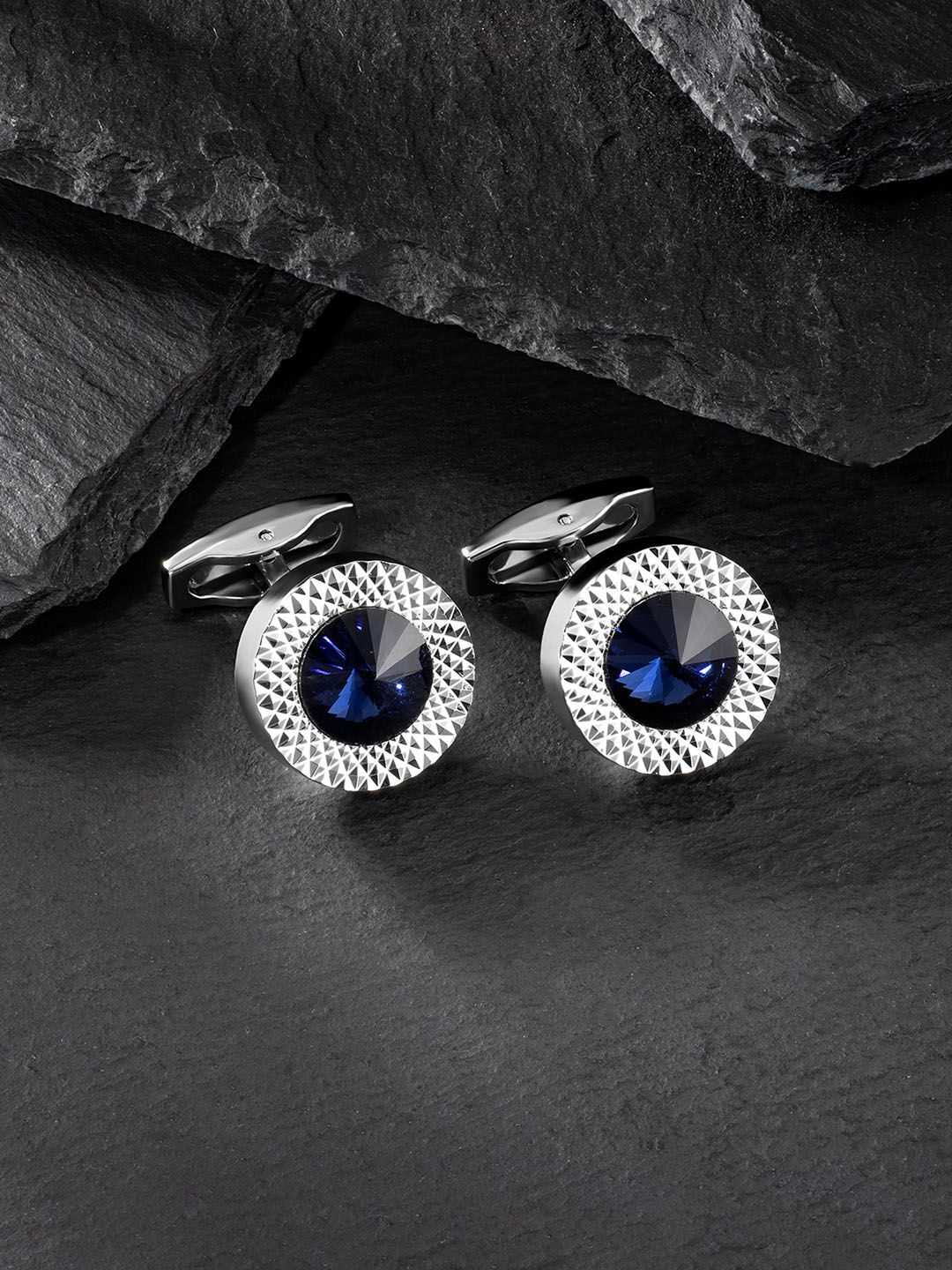 Peora Men Blue & Silver-Plated Crystal Cufflinks-picture-25
