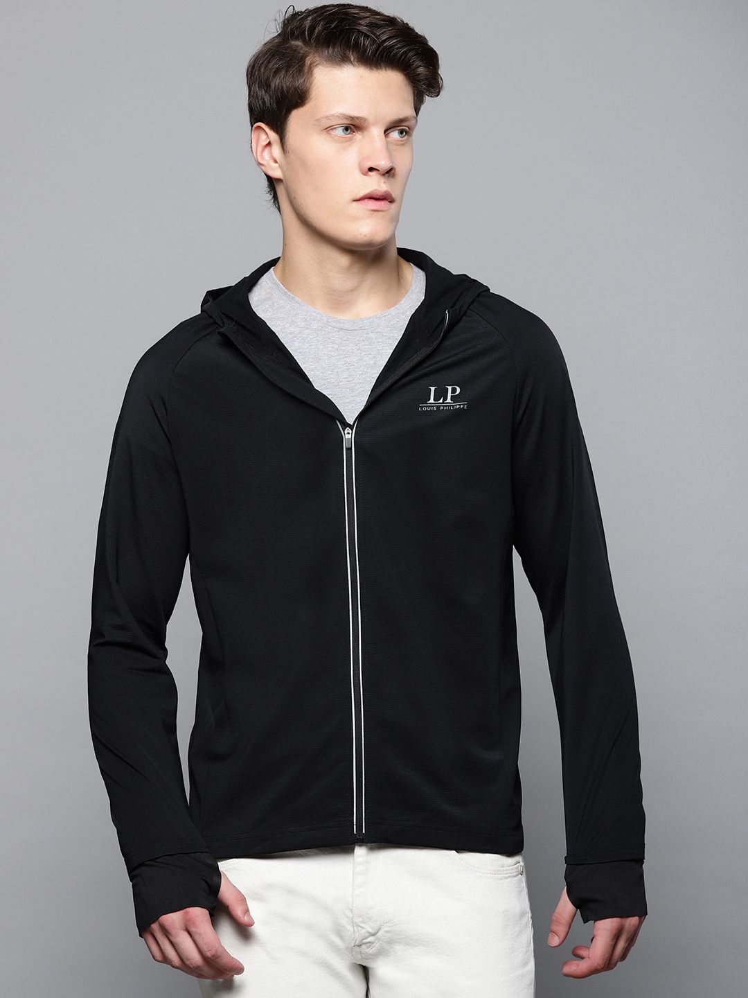 Louis Philippe Ath.Work Men Black Self-Striped Hooded Sweatshirt-picture-14
