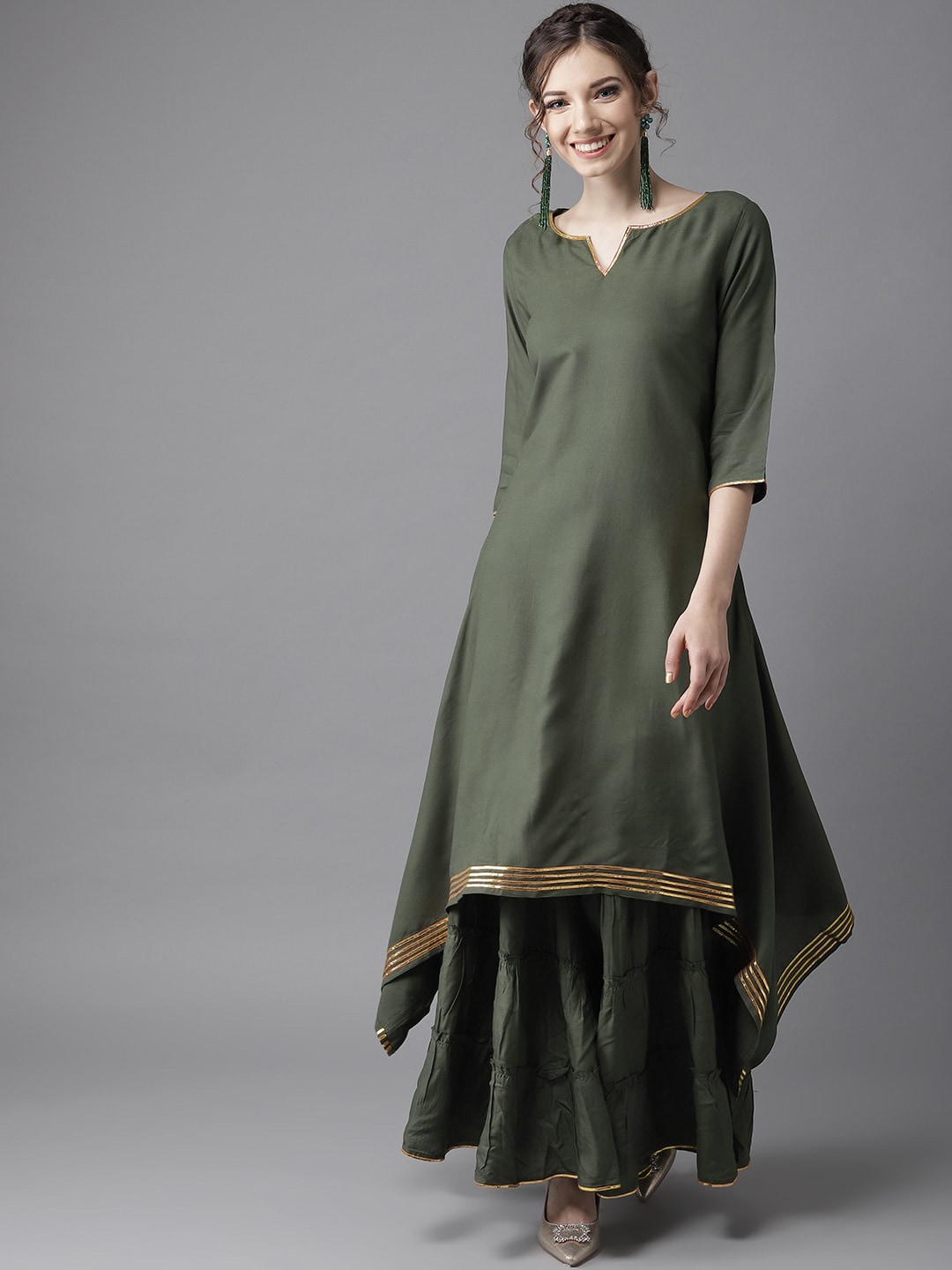 HERE&NOW Women Olive Green Solid Asymmetric Kurta with Sharara
