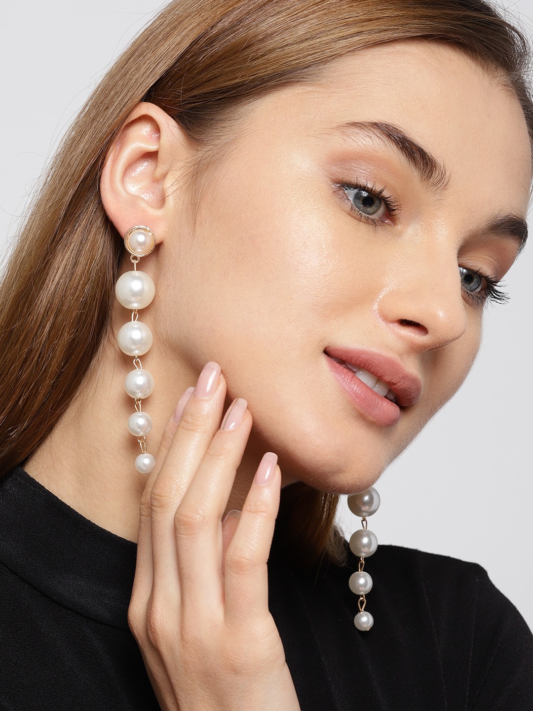 Jewels Galaxy White Gold-Plated Beaded Spherical Drop Earrings