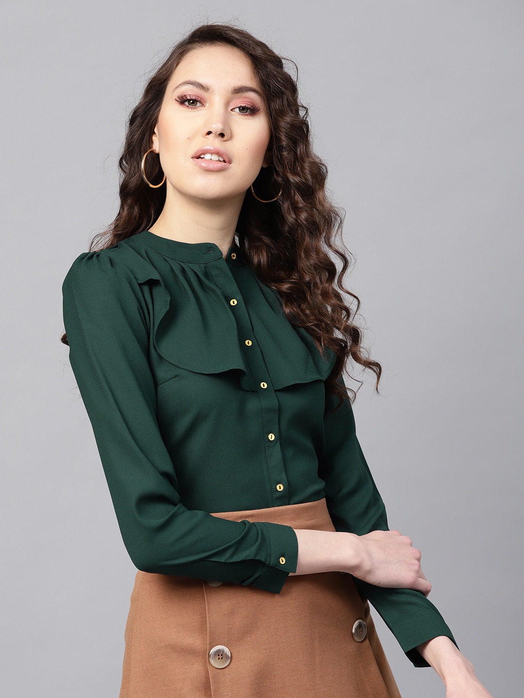 SASSAFRAS Women Green Ruffled Shirt Style Top