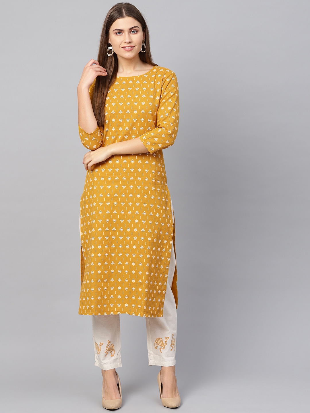 Yufta Women Mustard Yellow & Off-White Block Print Kurta with Trousers