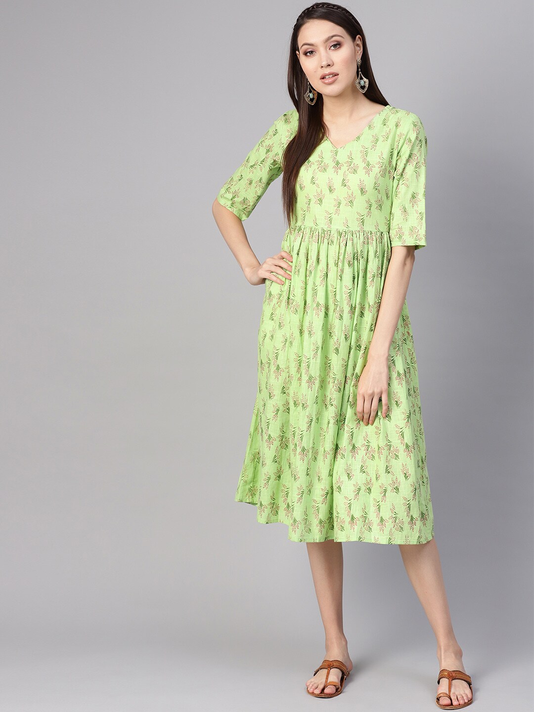 Nayo Women Green & Pink Floral Print A-Line Dress