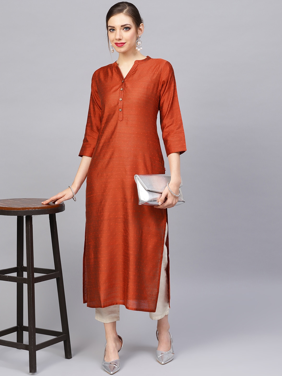 Varanga Women Rust Orange Dobby Woven Design Straight Kurta