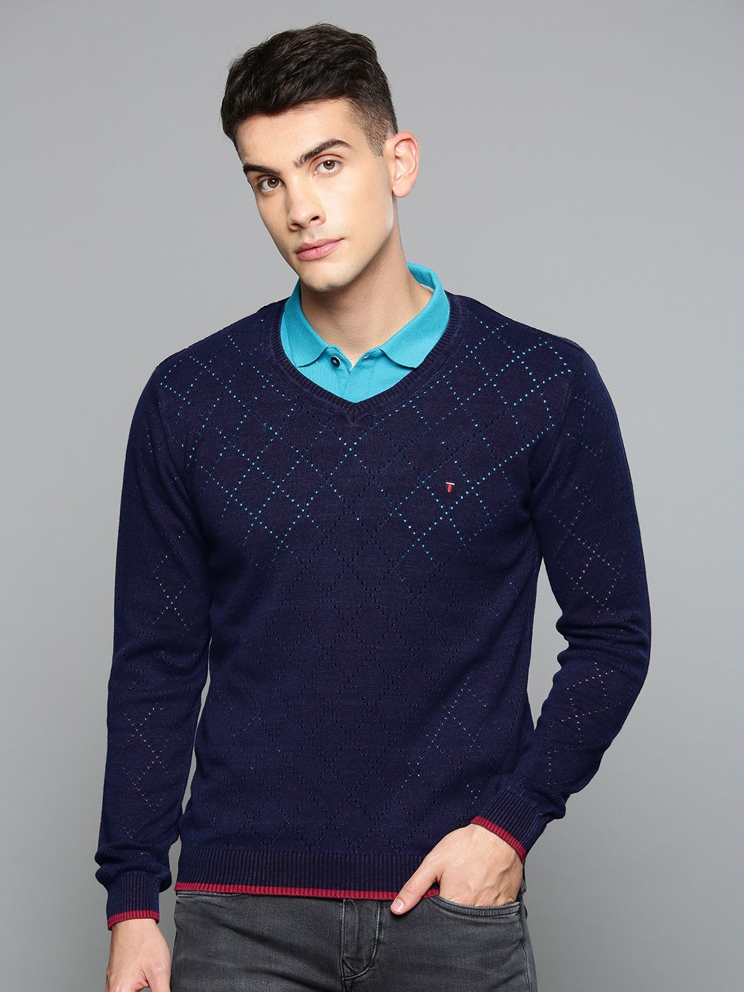 Louis Philippe Jeans Men Navy Blue Self Design Sweater-picture-16