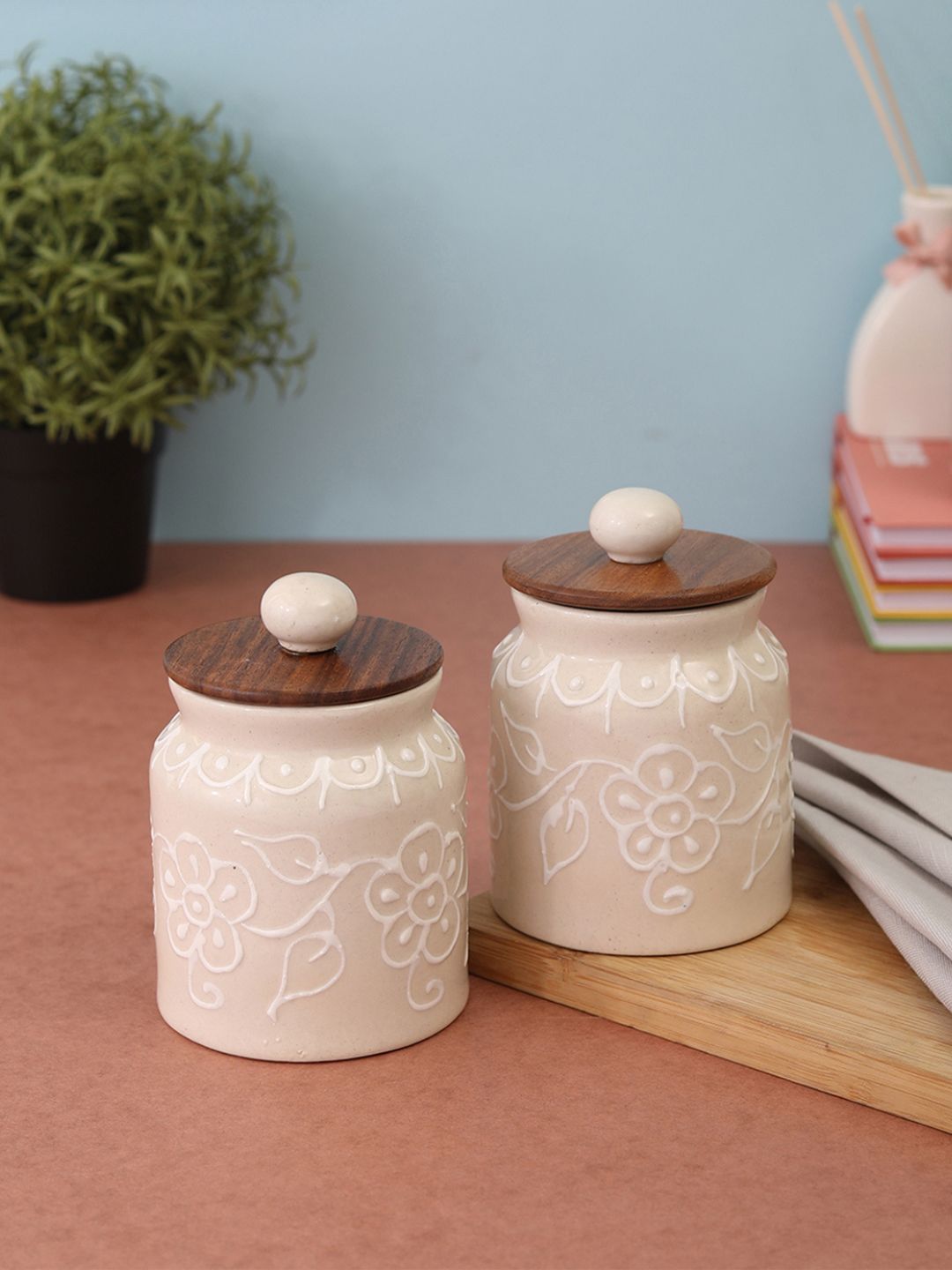VarEesha Set of 2 Beige & Brown Hand Painted Ceramic Air Tight Jars With Lid-picture-22