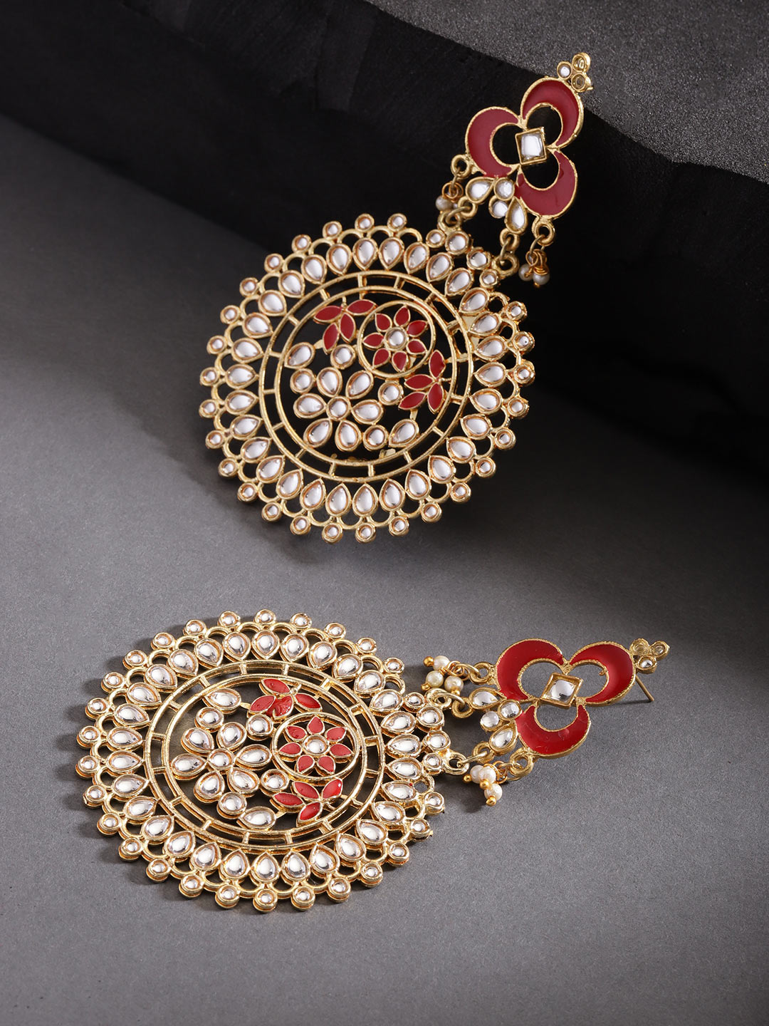 KARATCART Red Gold-Plated Kundan-Studded Handcrafted Circular Drop Earrings