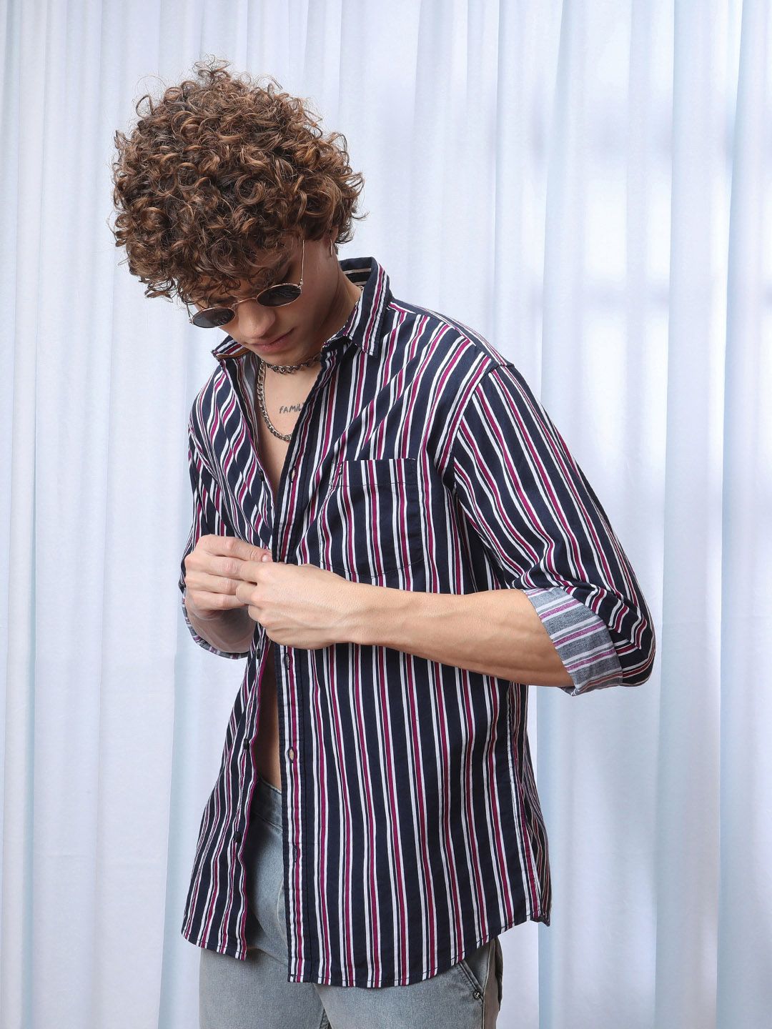 The Indian Garage Co Men Navy Blue & Maroon Slim Fit Striped Casual Shirt-picture-10