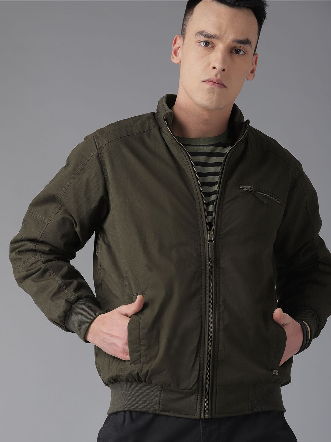 Roadster Men Olive Green Solid Bomber Jacket