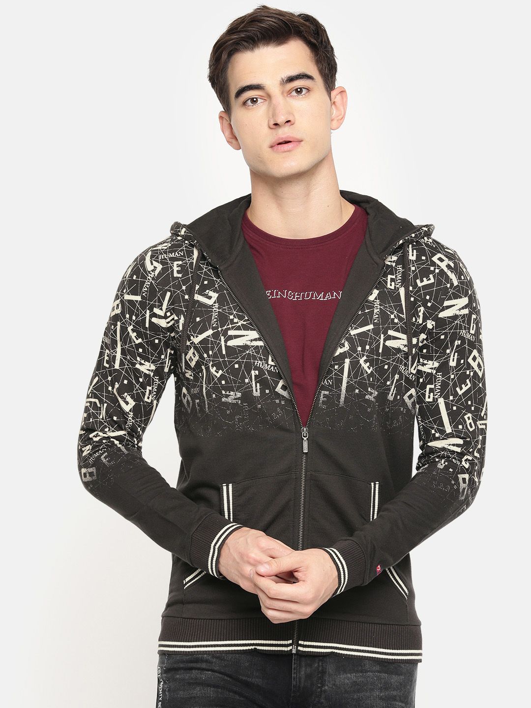 Being Human Clothing Men Grey & Off-White Printed Hooded Sweatshirt-picture-25