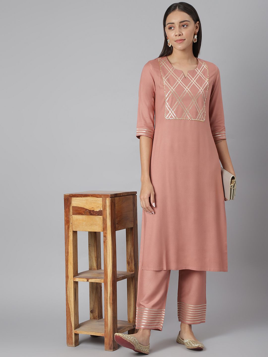 Khushal K Women Peach-Coloured Slim Fit Yoke Design Kurta with Palazzos
