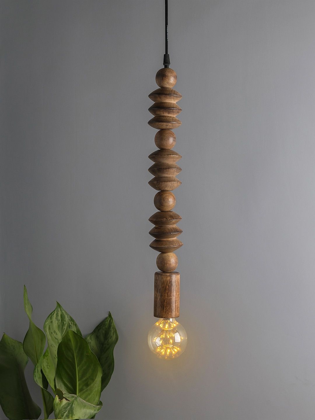 Homesake Black Textured Handcrafted Wooden Hanging Light