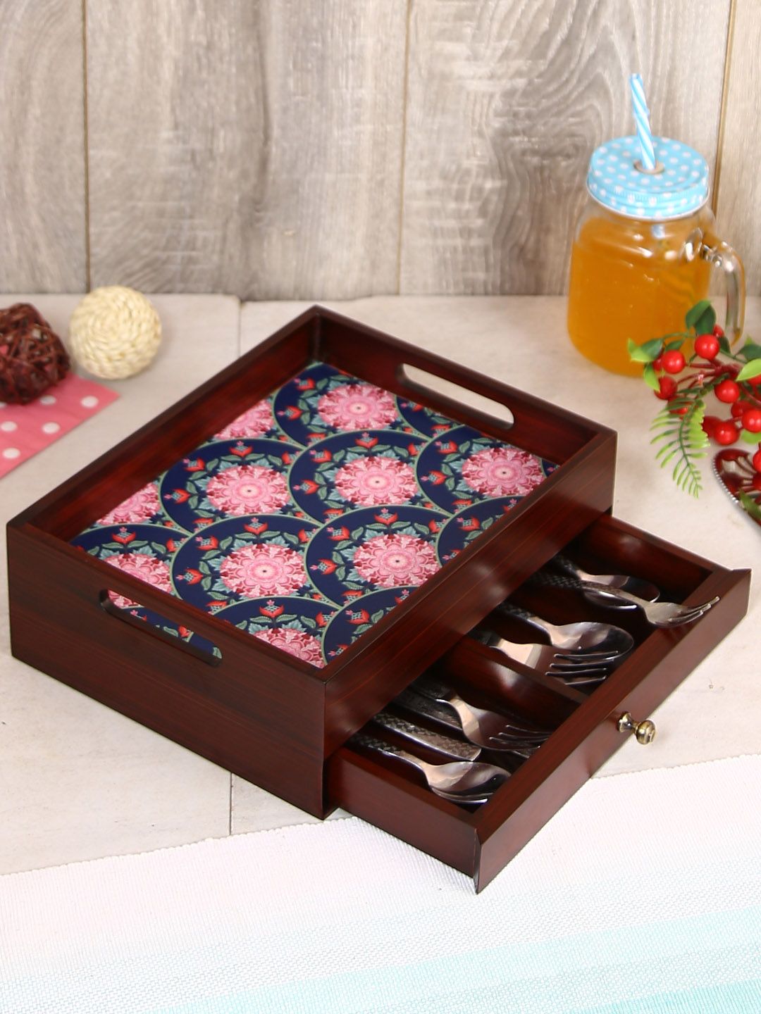 Reinvention Factory Brown Wooden Scallop Multi-Utility Organiser with Drawer-image-15