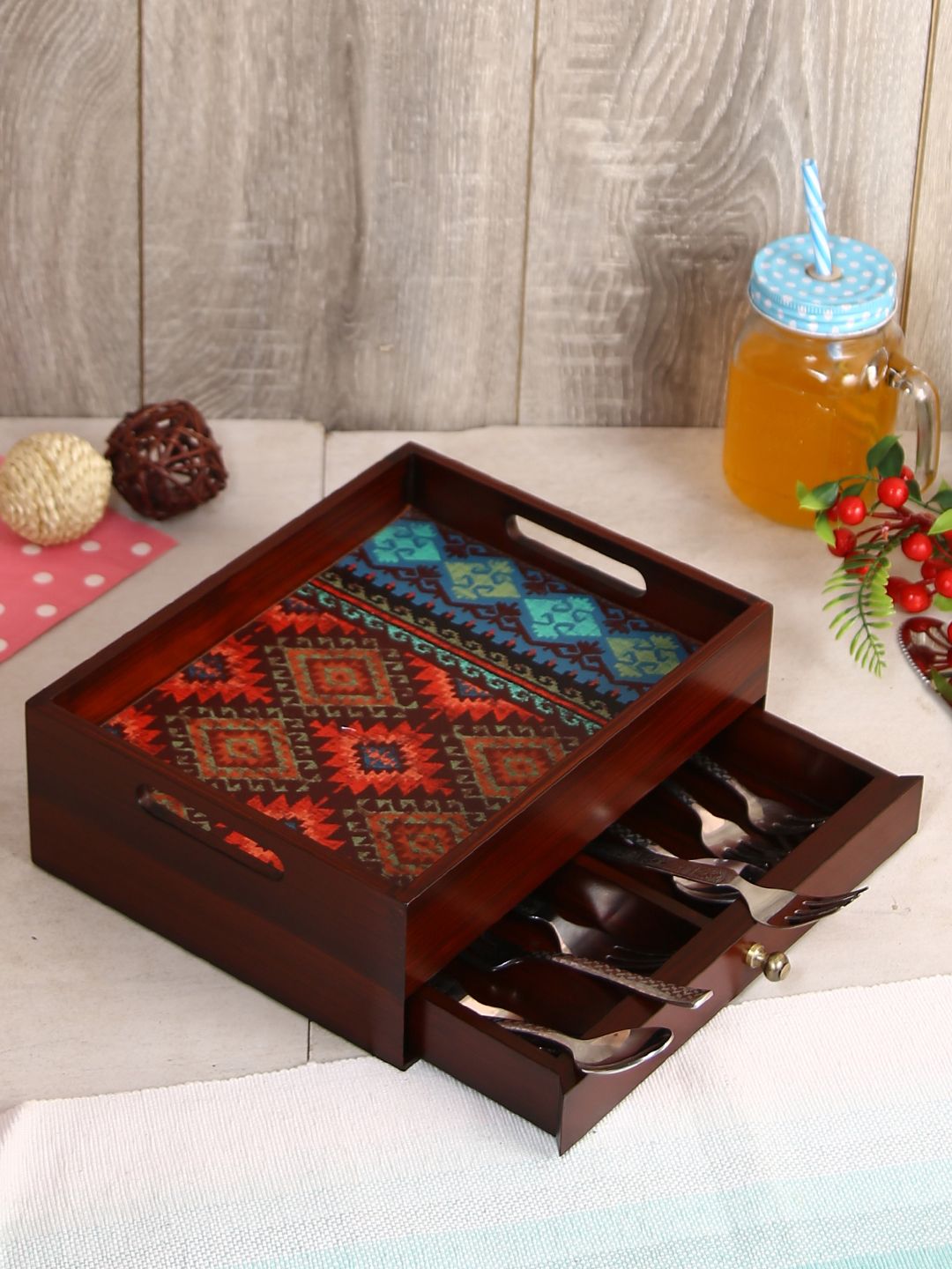 Reinvention Factory Brown & Red Wooden Kilim Multi-Utility Organiser With Drawer-picture-58