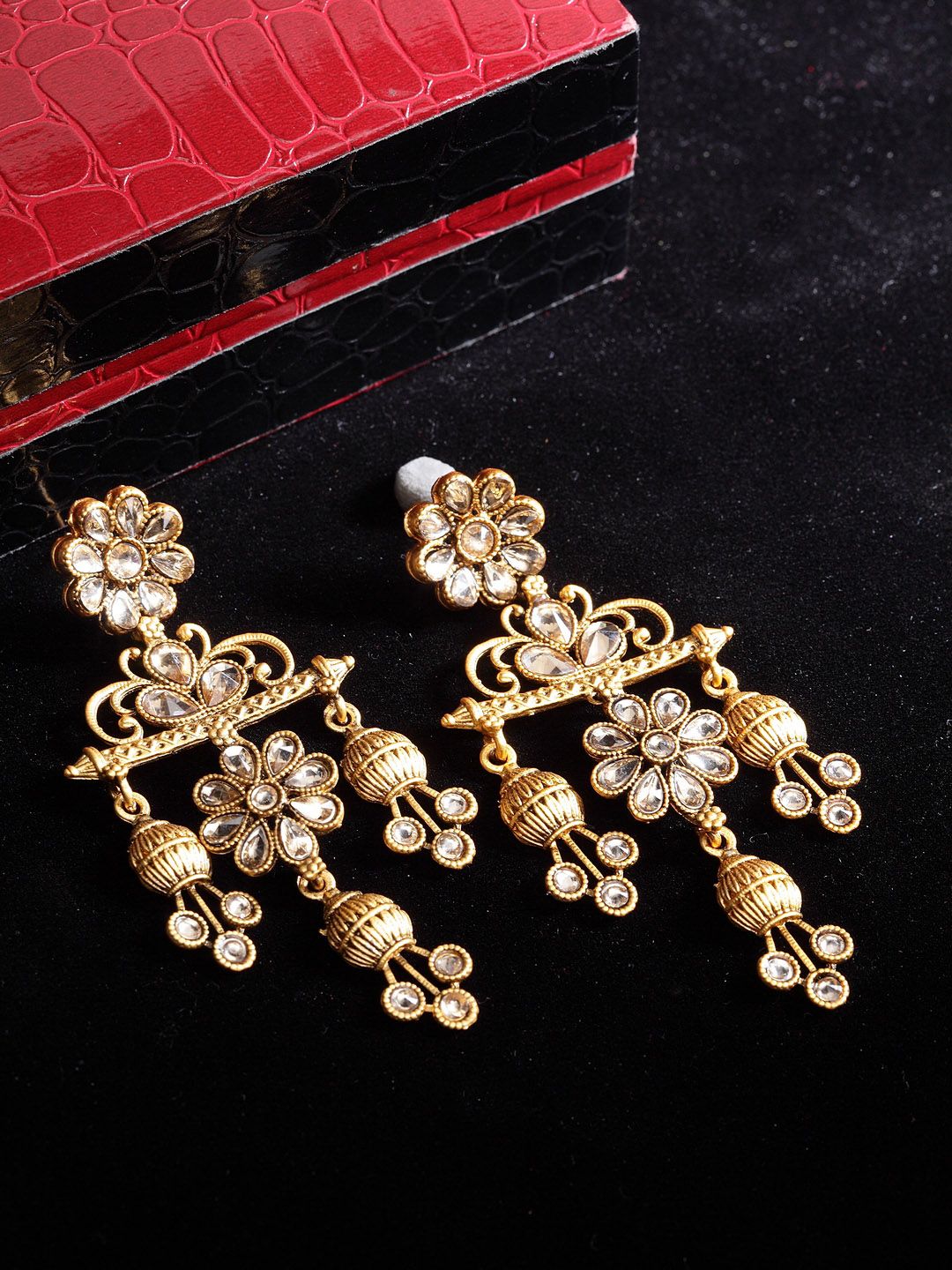 PANASH White Gold-Plated Handcrafted Contemporary Kundan Drop Earrings-image-47