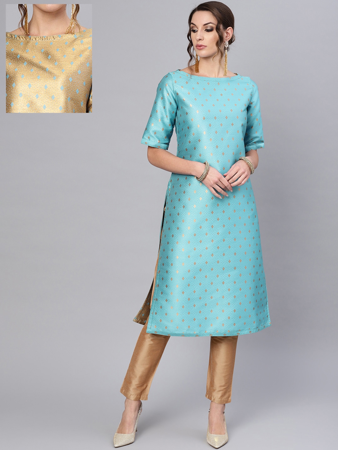AKS Women Blue & Golden Reversible Woven Design Straight Kurta