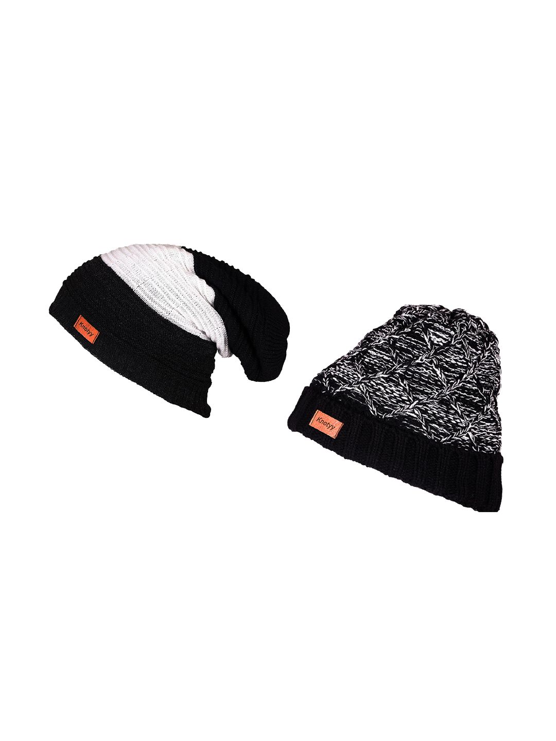 Knotyy Men Pack Of Two Black & Off-White Solid Beanie-image-4