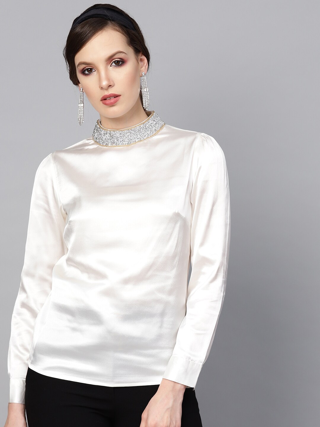SASSAFRAS Women Off-White Solid Top with Satin Finish