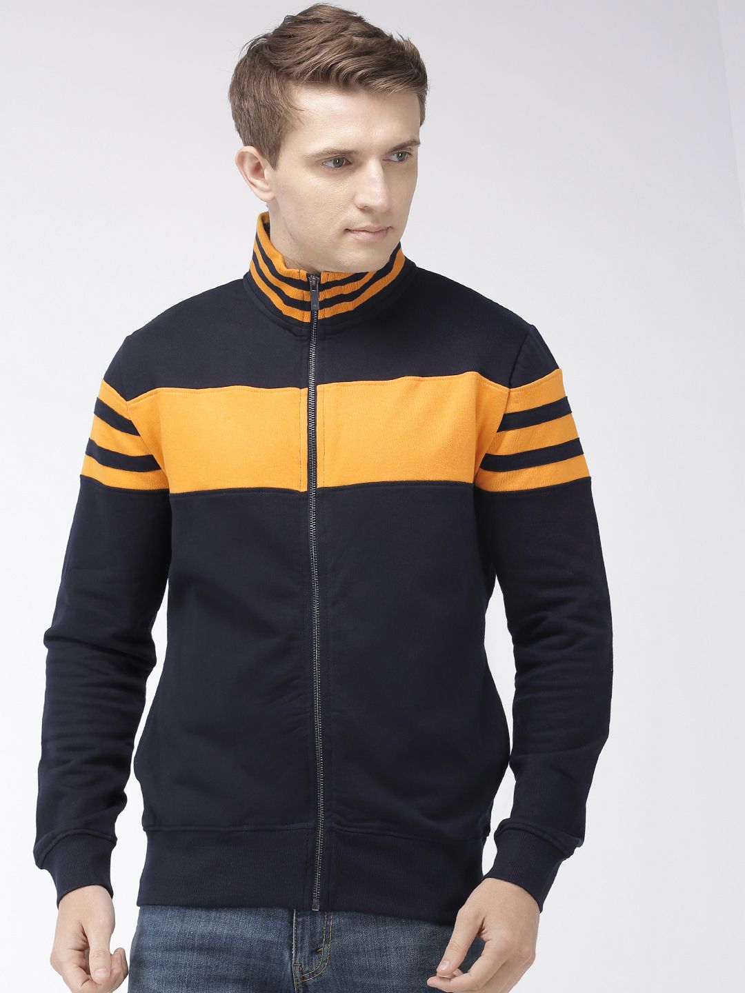 Celio Men Navy Blue & Mustard Yellow Colourblocked Sweatshirt-picture-35