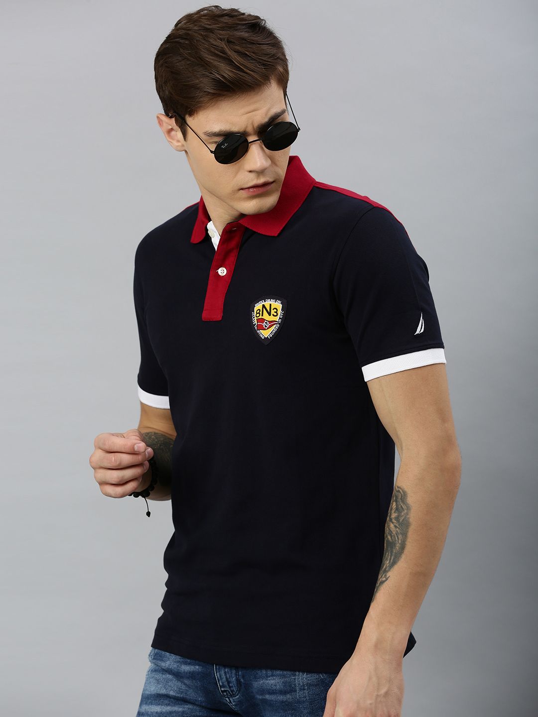 Nautica Men Navy Blue & Red Solid Polo Collar Applique T-shirt - Price ...