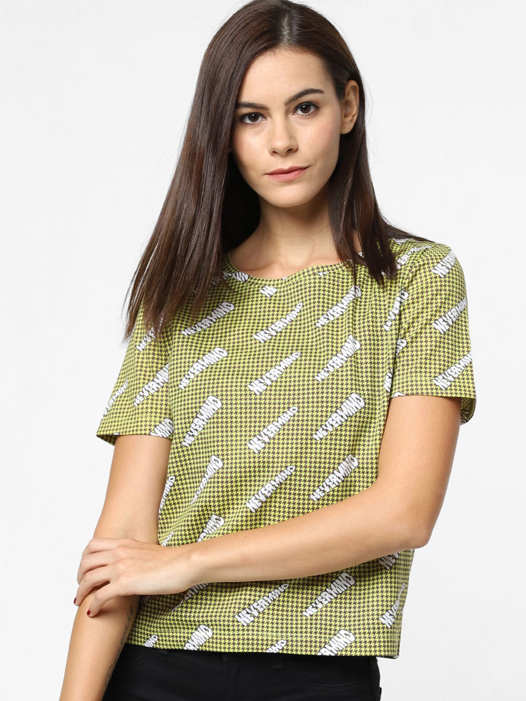 ONLY Women Green & Brown Printed Round Neck T-shirt
