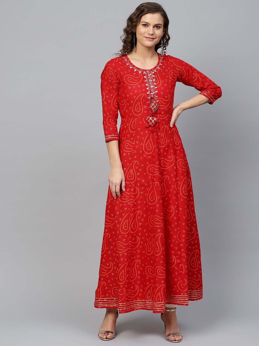 Ishin Women Red & Peach-Coloured Bandhani Print A-Line Kurta