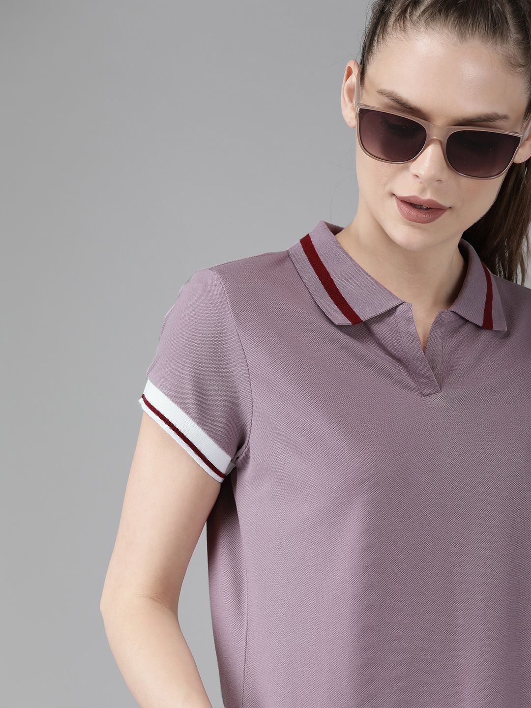 Roadster Women Mauve Solid Polo Collar T-shirt