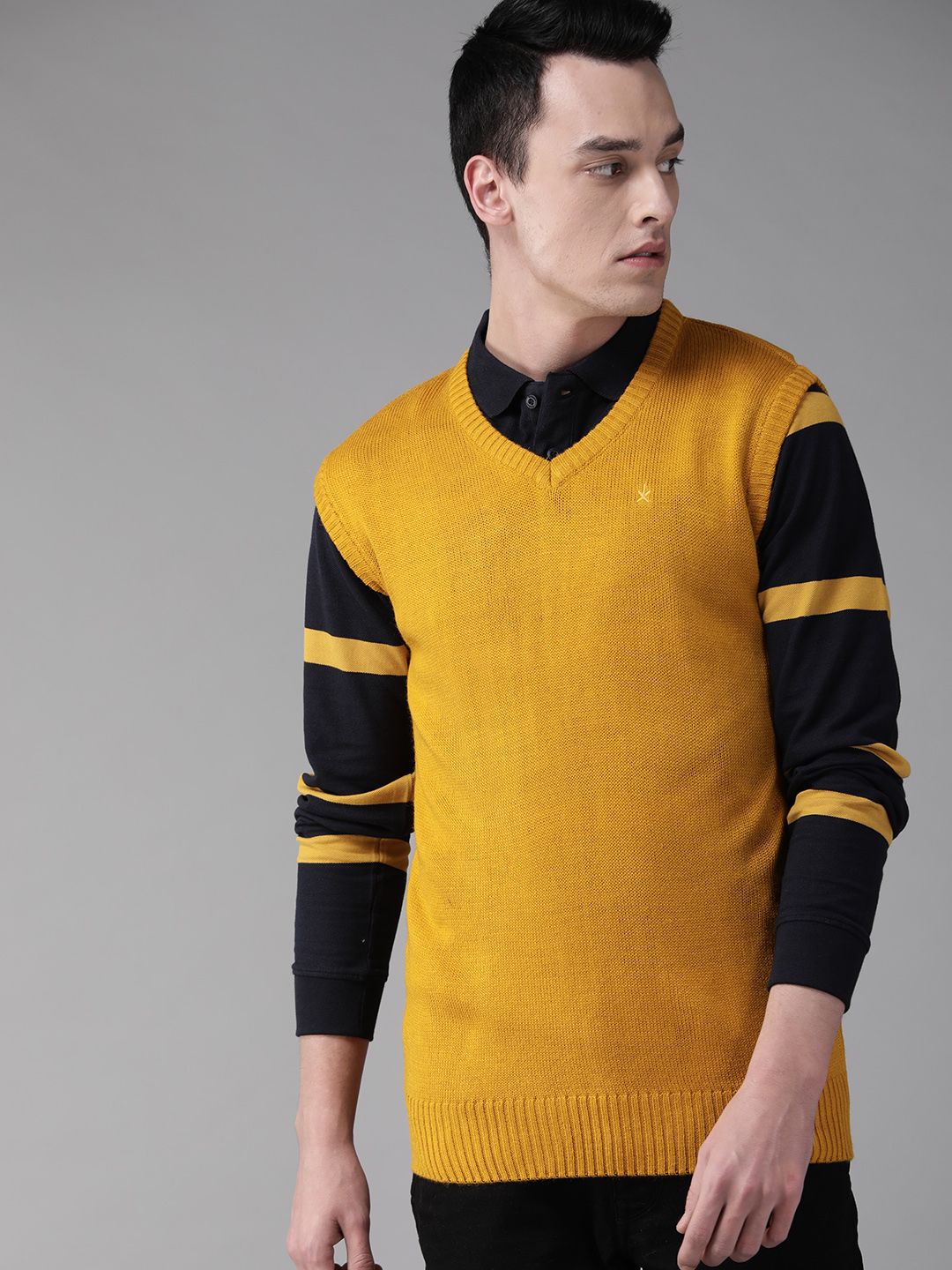 The Roadster Lifestyle Co Men Mustard Yellow Solid Sweater Vest