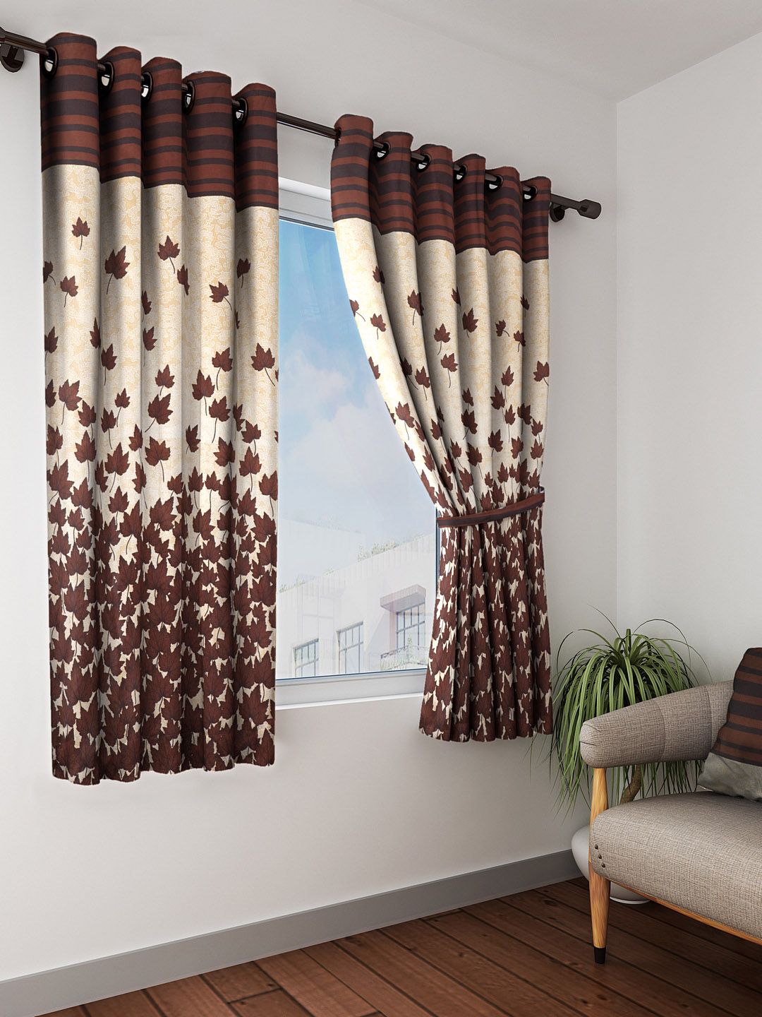 Home Sizzler Brown & Cream-Coloured Set of 2 Window Curtains