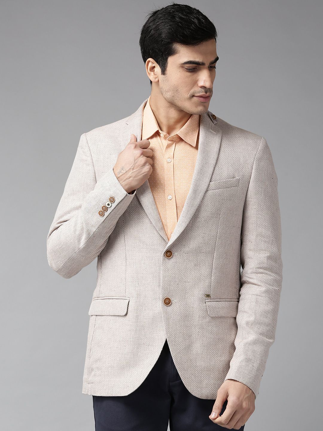 Buy Louis Philippe Men Cream Slim Fit Textured Casual Blazer at Redfynd