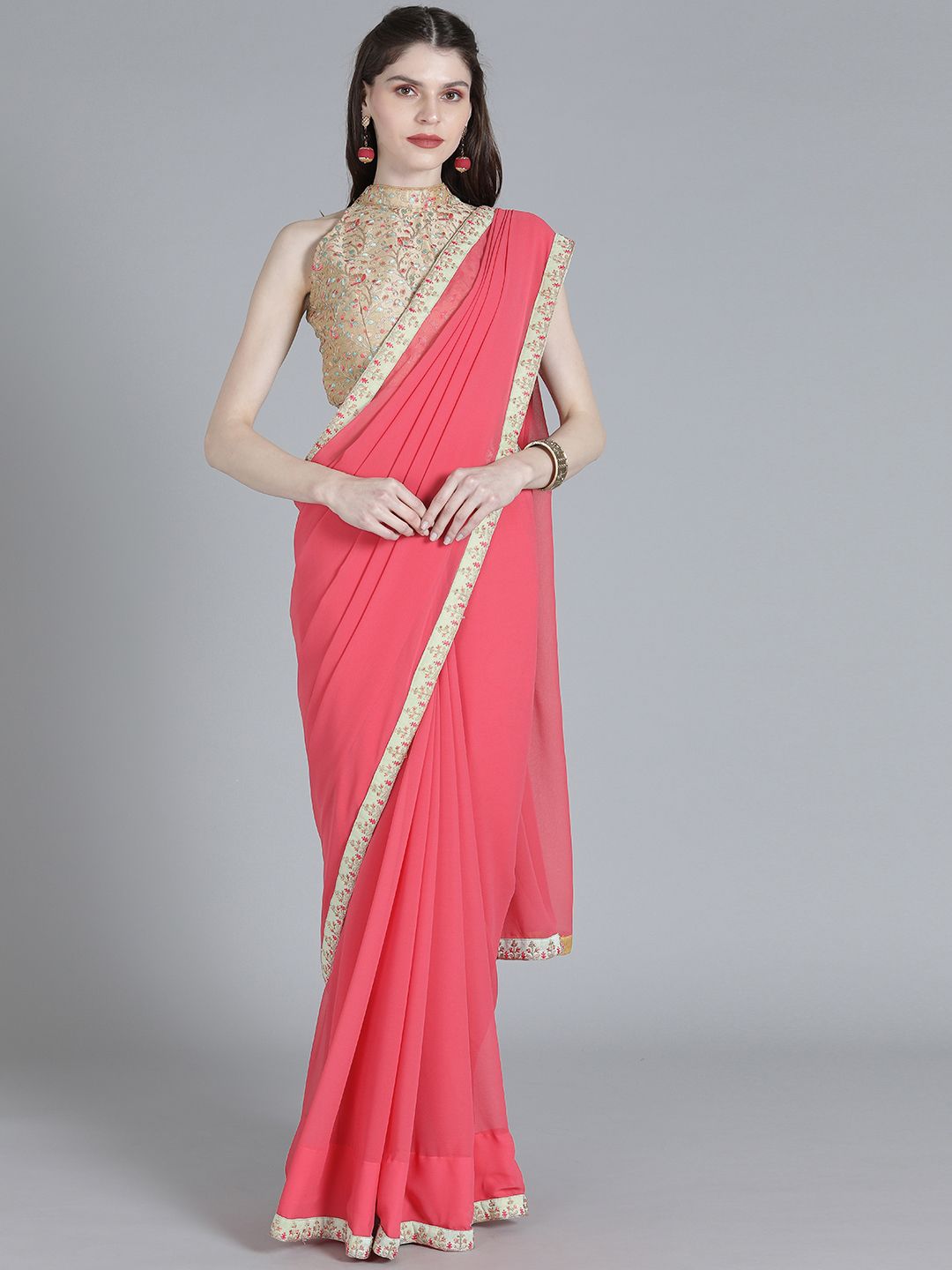 Ethnovog Pink Solid Poly Georgette Saree-picture-15