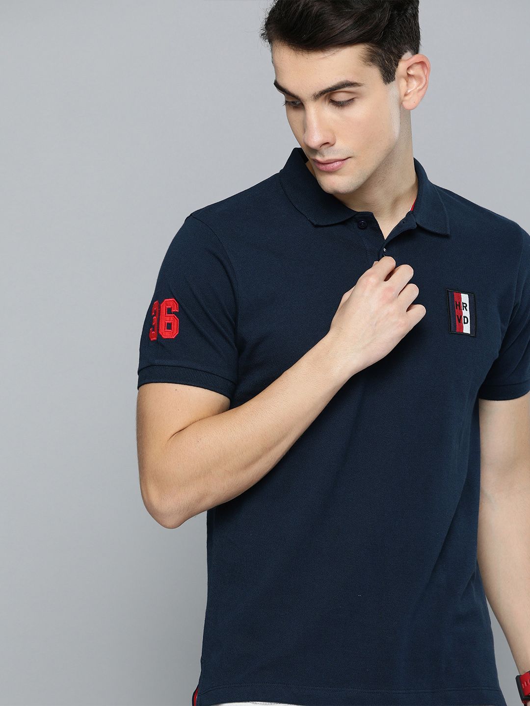 Harvard Men Navy Blue Solid Polo Collar T-shirt