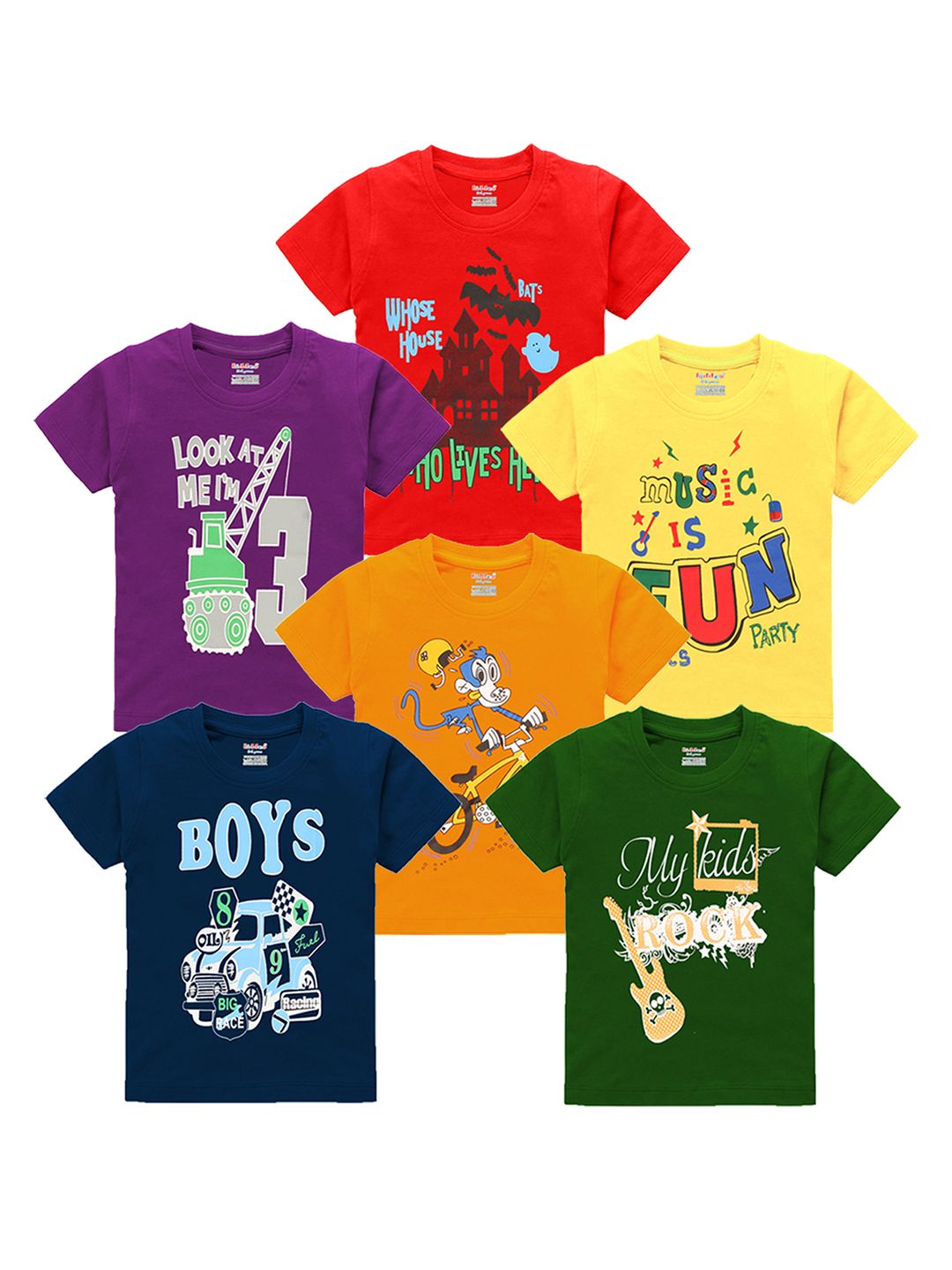 Kiddeo Boys Pack of 6 Printed Round Neck Pure Cotton T-shirt-picture-56