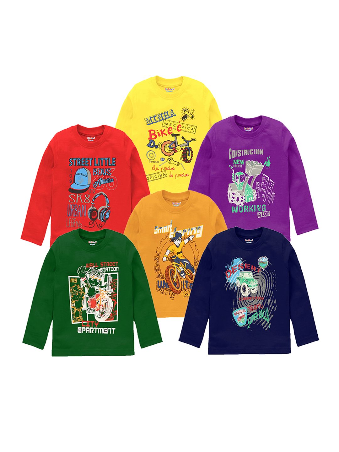 Kiddeo Boys Pack of 6 Multicoloured Printed Round Neck Pure Cotton T-shirts-picture-31