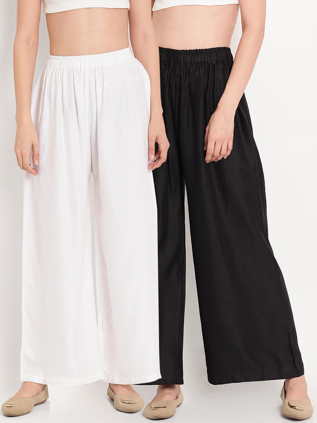 TAG 7 Women Pack Of 2 White & Black Solid Flared Palazzos
