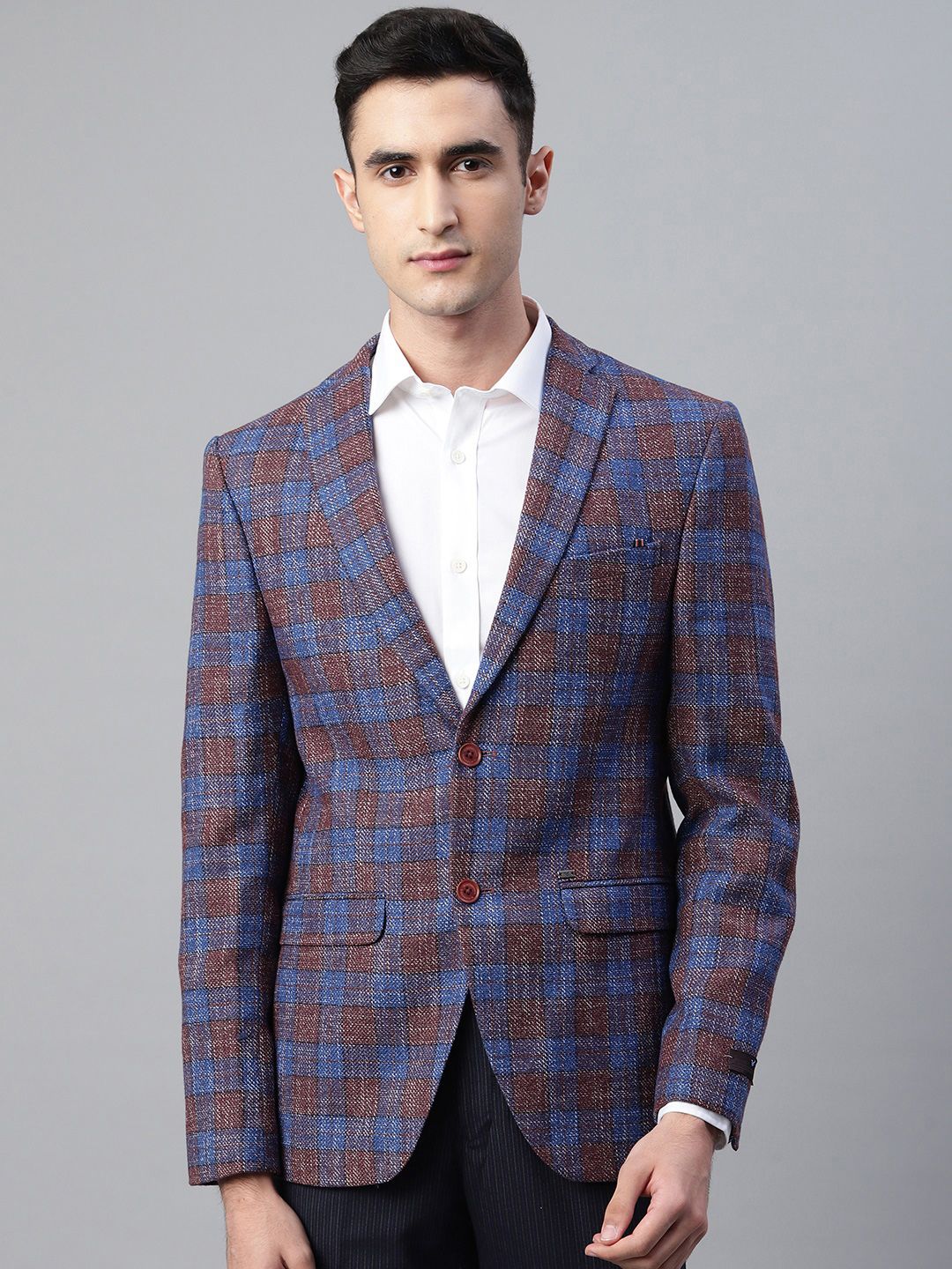Blackberrys Men Blue & Maroon Slim Fit Checked Single-Breasted Formal Blazer-picture-37