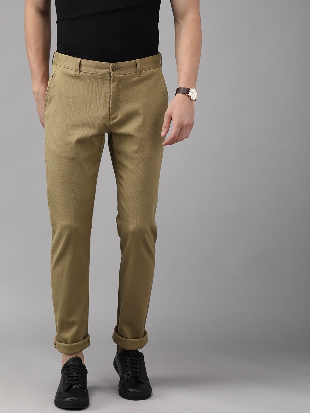 Blackberrys Men Khaki Sharp Regular Fit Self Design Regular Trousers-image-41