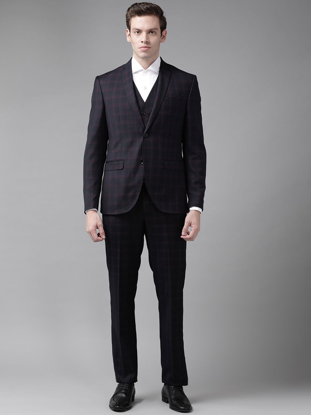 Blackberrys Men Black & Maroon Checked 3 Piece Suits