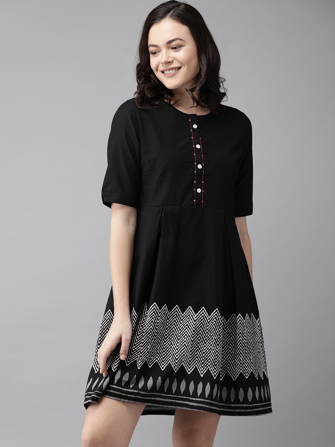 Anouk Women Black Printed A-Line Dress