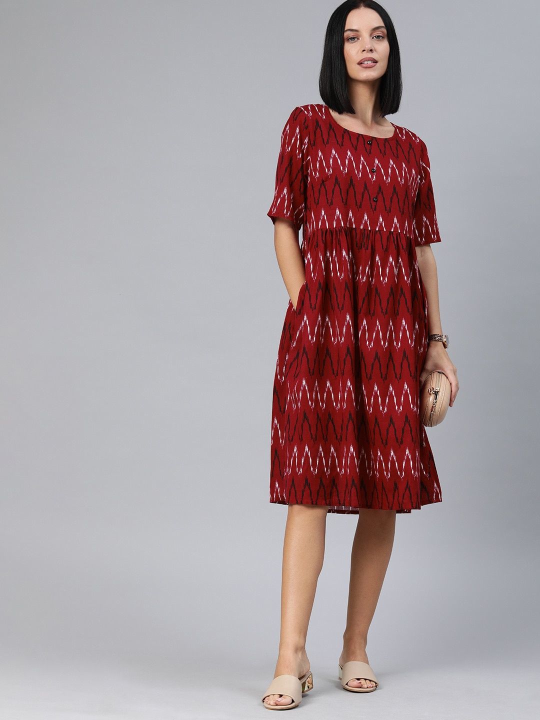 Anouk Maroon & Black Chevron Printed A-Line Dress-picture-33